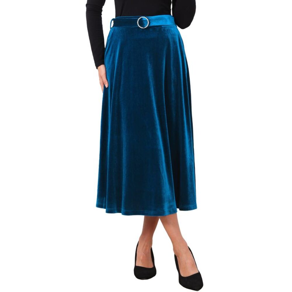 Women's Velvet High Waist with Belt A-Line Formal Long Skirt Blue Green